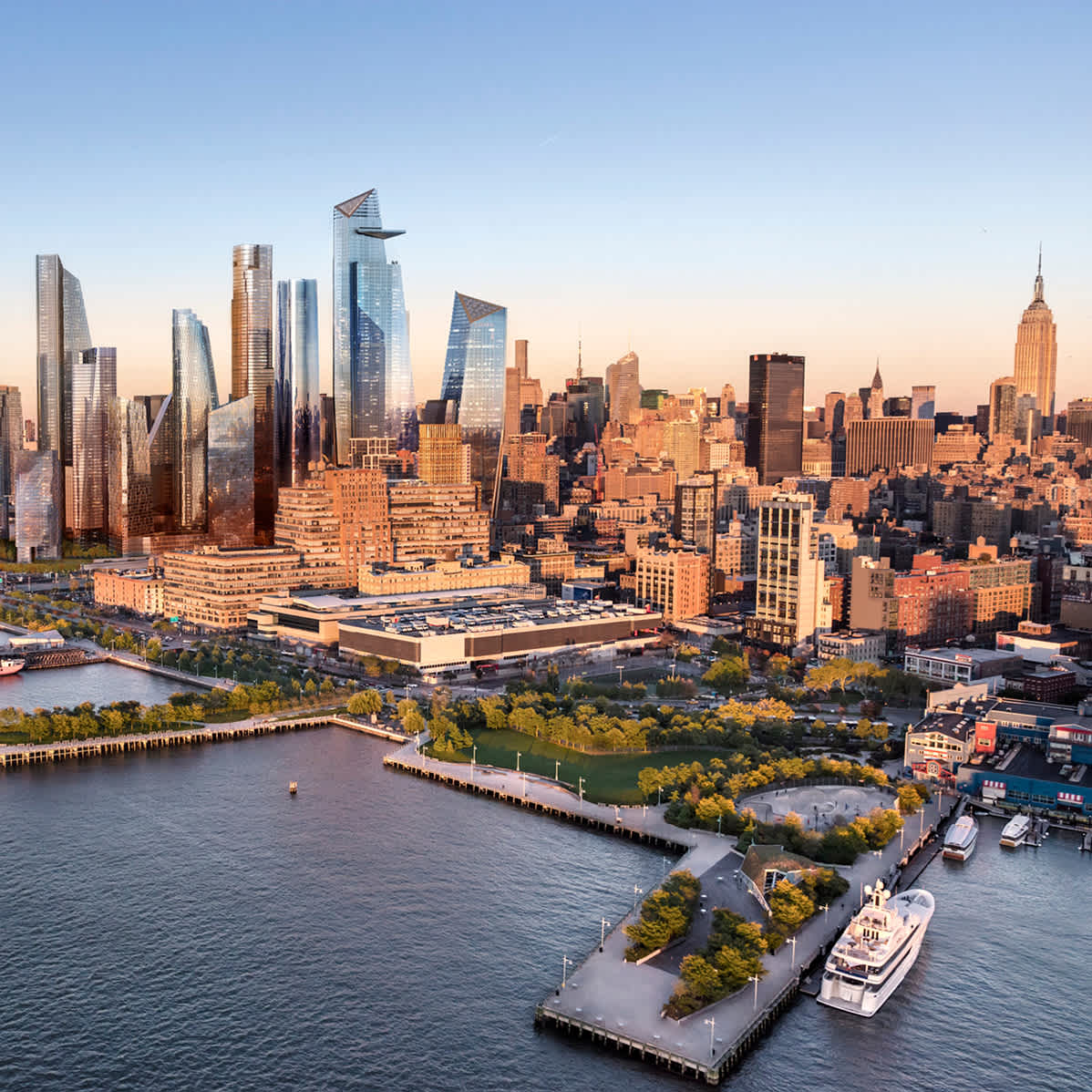 An aerial view of Hudson Yards, New York, beside the Hudson river