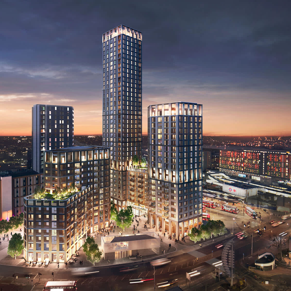A rendering of Ferry Island against a sunset at Tottenham Hale
